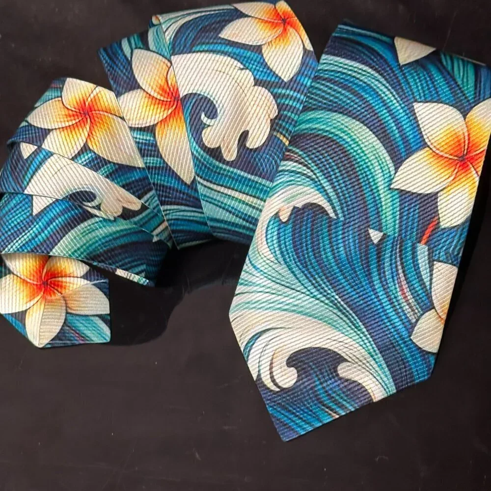Hawaiian Floral Menswear Necktie Aloha Neckwear Resort Gift Tropical Blue Tie